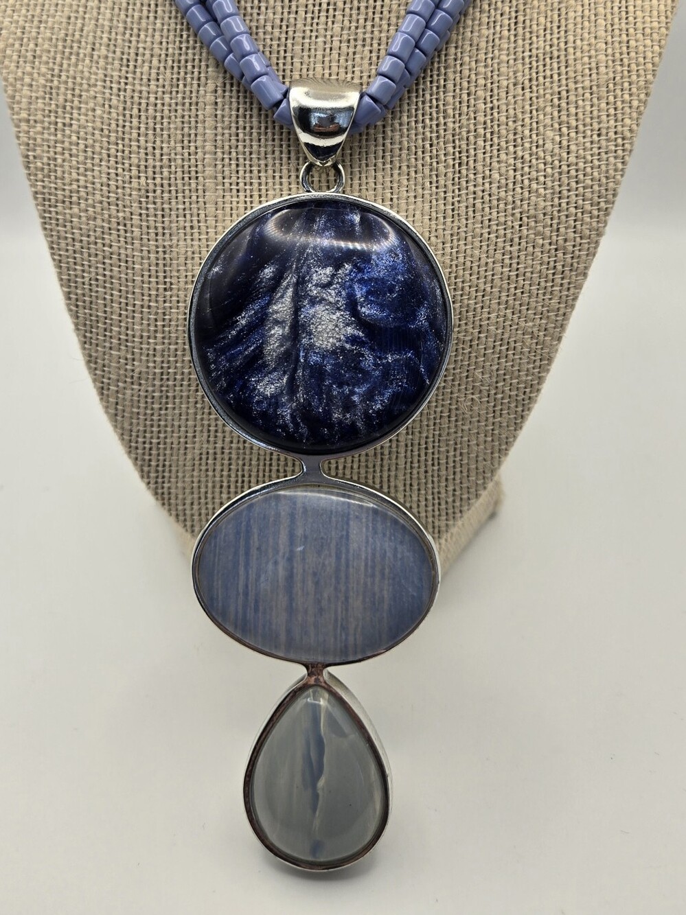 Chico's Large Faux Stone Blue Pendant Statement Necklace Chunky Bold Ocean Shine